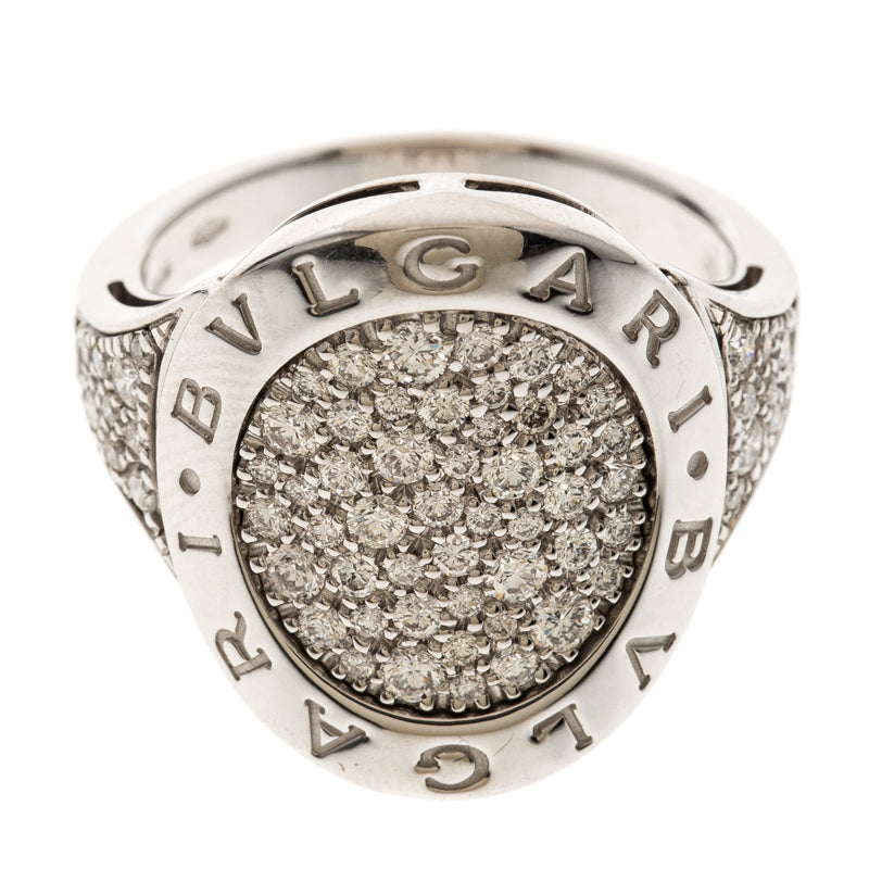 Original Bvlgari Pave Diamond 18k White Gold Cocktail Ring Size 56