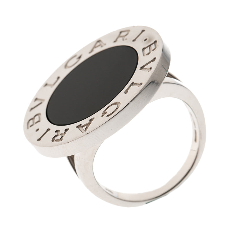 Original Bvlgari Onyx Inlay 18k White Gold Circular Ring  Size 55