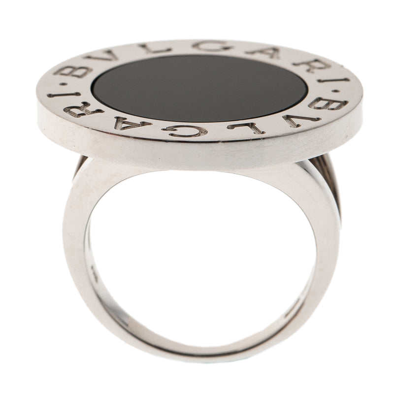 Original Bvlgari Onyx Inlay 18k White Gold Circular Ring  Size 55