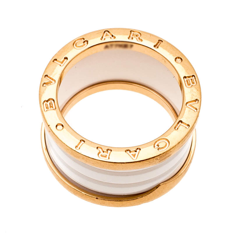 Original Bvlgari B.Zero1 4 Band White Ceramic 18k Rose Gold Ring Size 52