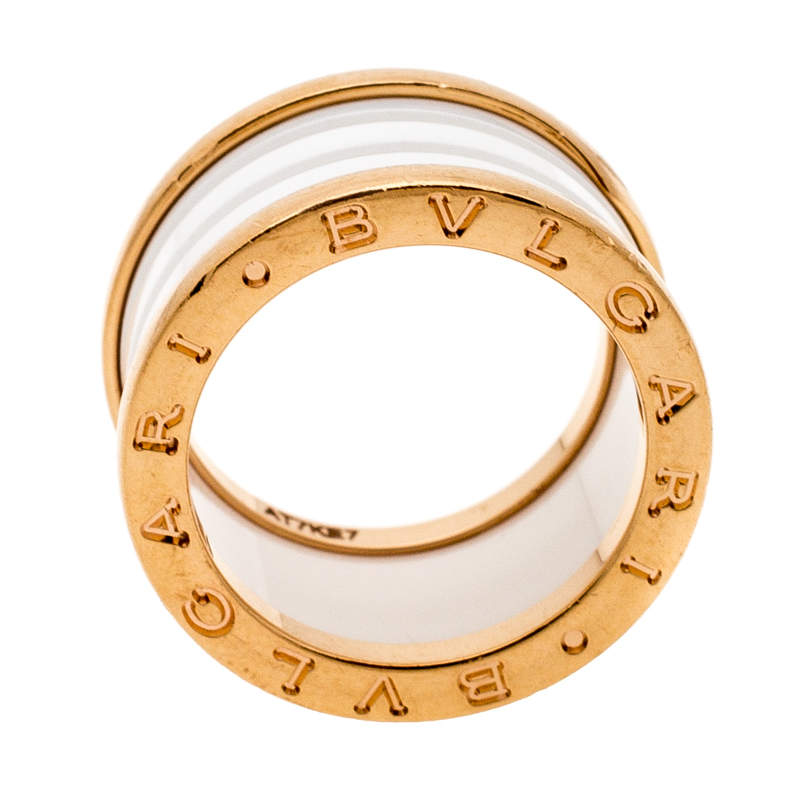 Original Bvlgari B.Zero1 4 Band White Ceramic 18k Rose Gold Ring Size 52