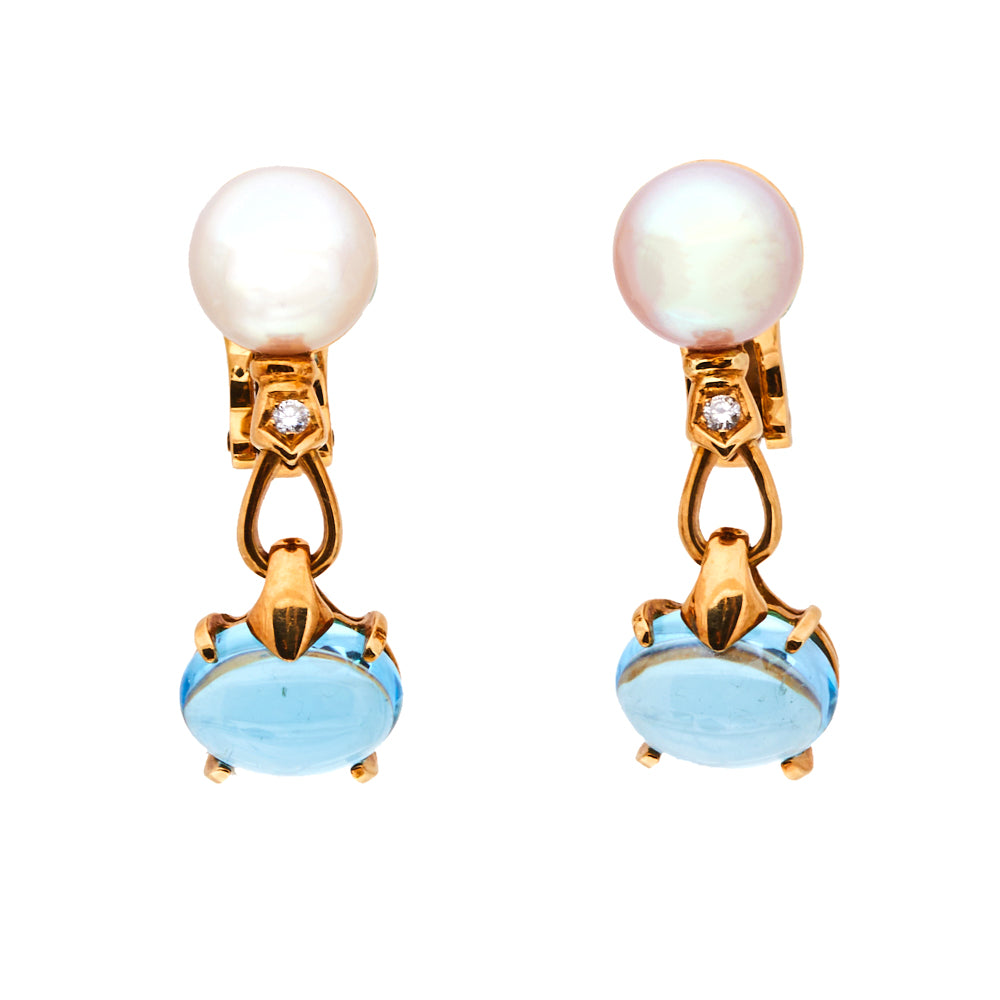 Original Bvlgari Allegra Cultured Pearl Diamond Blue Topaz 18k Yellow Gold Clip On Drop Earrings