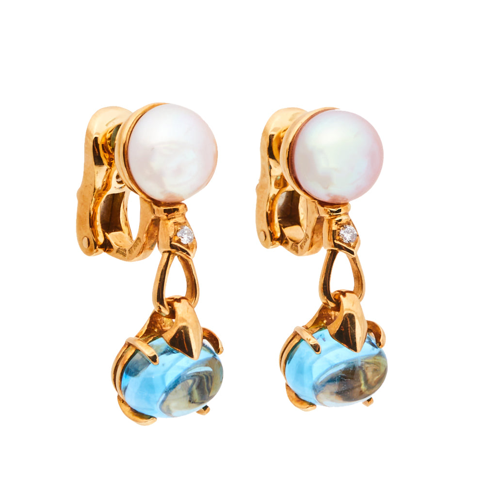 Original Bvlgari Allegra Cultured Pearl Diamond Blue Topaz 18k Yellow Gold Clip On Drop Earrings