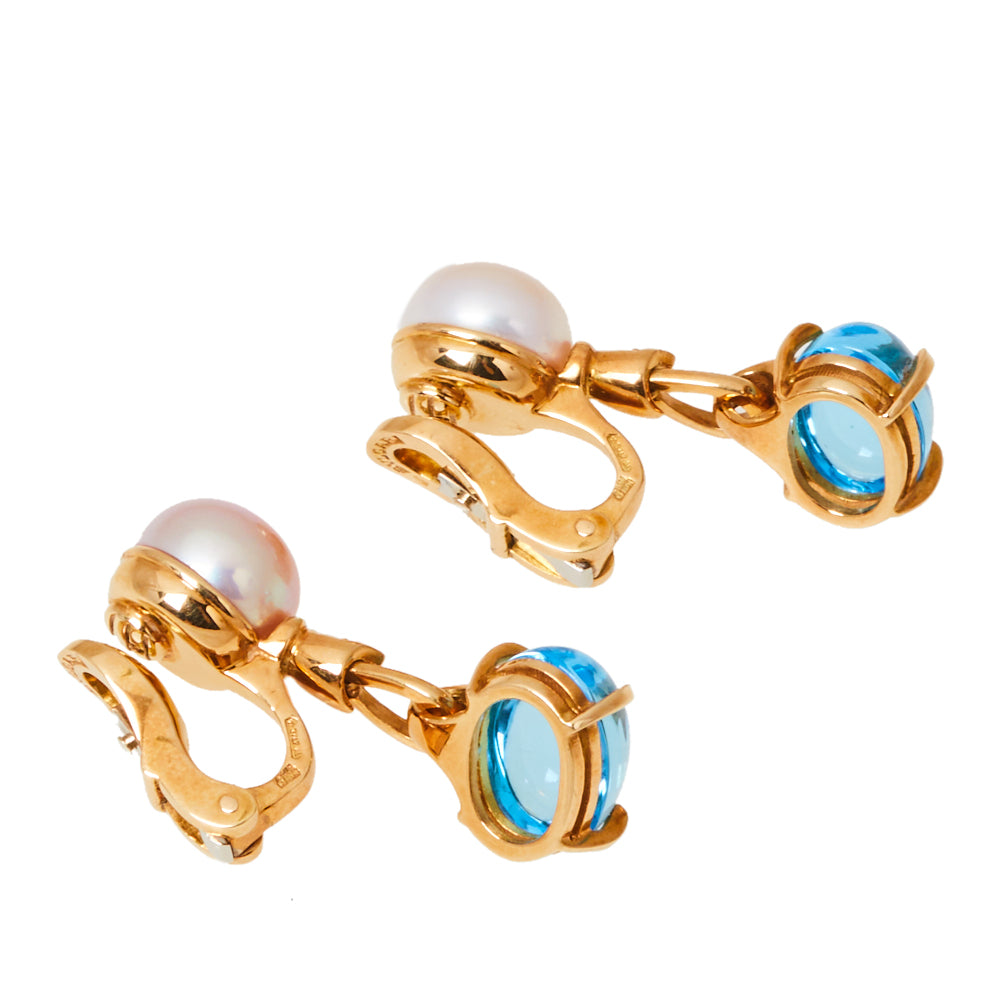 Original Bvlgari Allegra Cultured Pearl Diamond Blue Topaz 18k Yellow Gold Clip On Drop Earrings