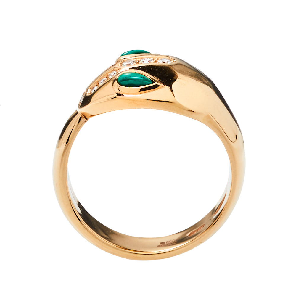 Original Bvlgari Serpenti Malachite Diamond 18K Rose Gold Ring Size 53