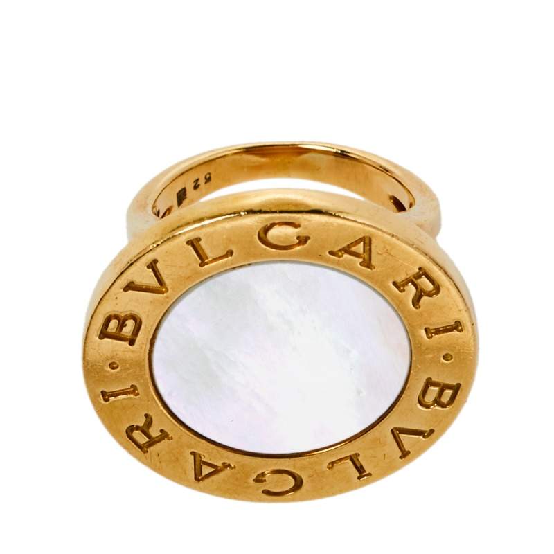 Original Bvlgari Mother of Pearl Inlay 18K Yellow Gold Circular Ring Size 52