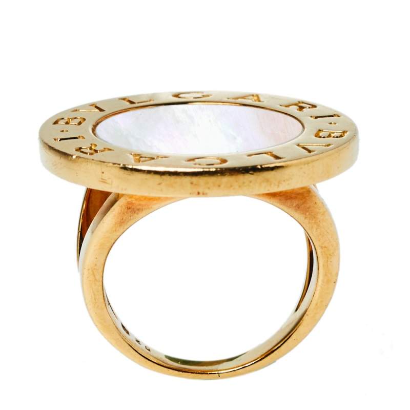 Original Bvlgari Mother of Pearl Inlay 18K Yellow Gold Circular Ring Size 52