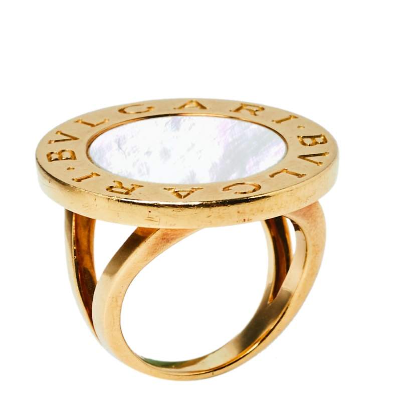 Original Bvlgari Mother of Pearl Inlay 18K Yellow Gold Circular Ring Size 52