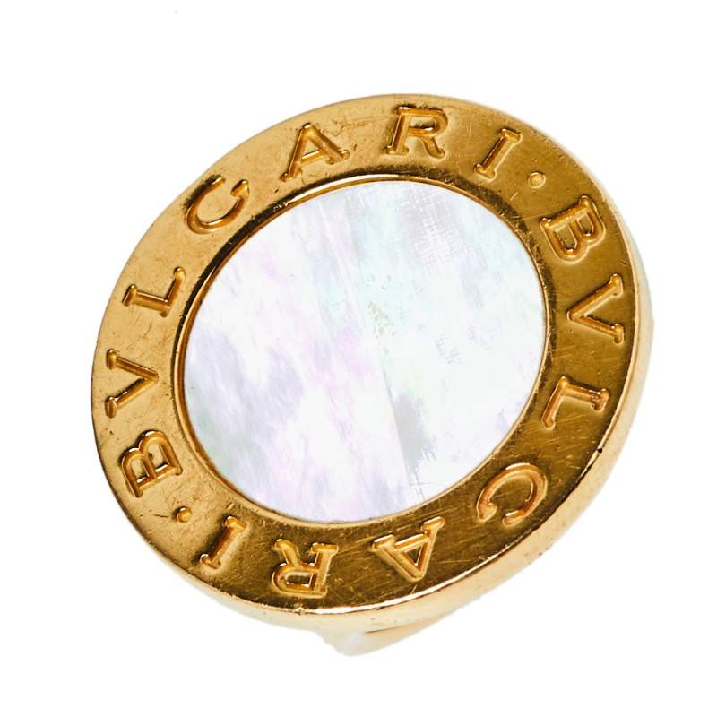 Original Bvlgari Mother of Pearl Inlay 18K Yellow Gold Circular Ring Size 52