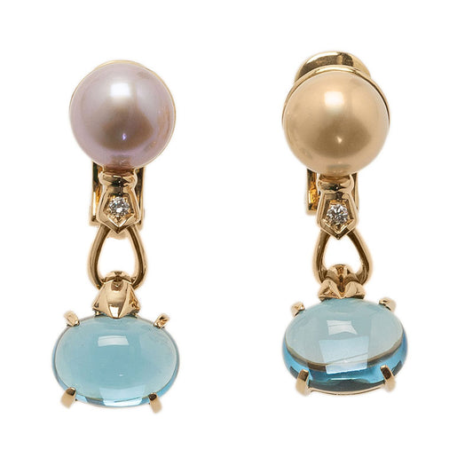 Original Bvlgari Allegra Akoya Pearl Diamond Blue Topaz Yellow Gold Earrings