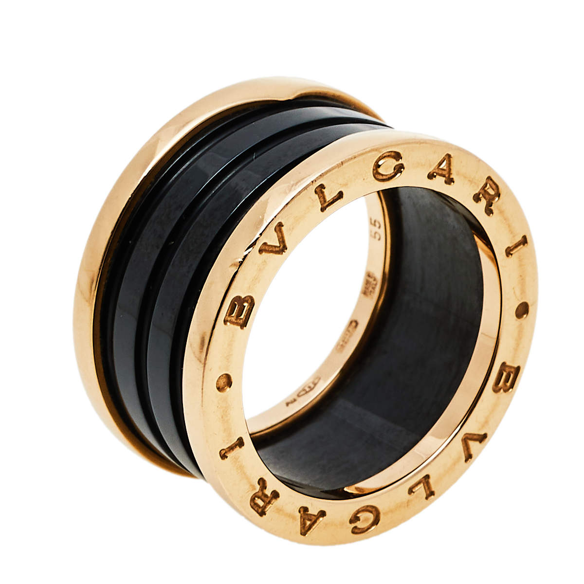 Original Bvlgari B.Zero1 4-Band Black Ceramic 18K Rose Gold Band Ring Size 55