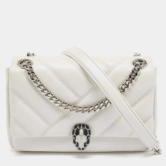 Original Bvlgari Pearl White Quilted Iridescent Leather Small Serpenti Cabochon Shoulder Bag