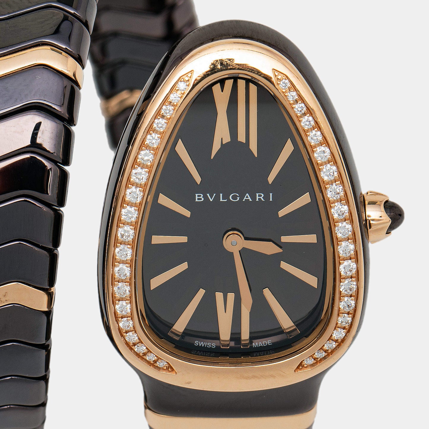 Original Bvlgari Brown 18k Rose Gold Ceramic Diamond Serpenti Spiga 103060 Women's Wristwatch 35 mm