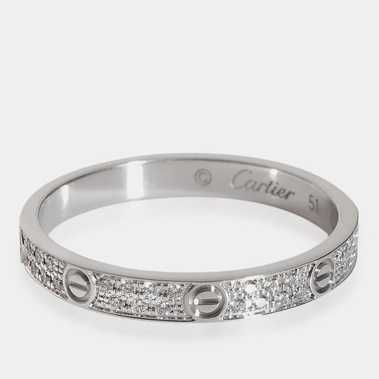 Original Cartier White Gold Love Wedding Pave Small Diamond Band EU 51