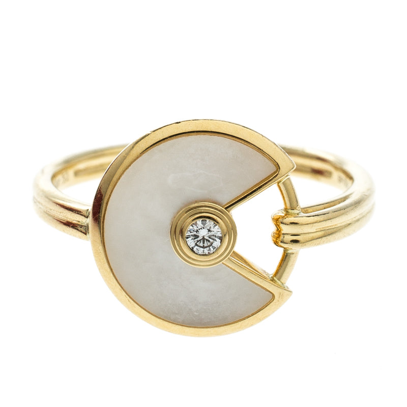 Original Cartier Amulette De Cartier Mother of Pearl Diamond 18k Yellow Gold Ring Size 53