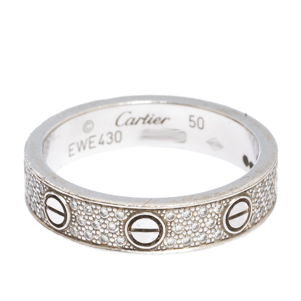 Original Cartier Love Diamond Paved 18k White Gold Wedding Band Ring Size 50