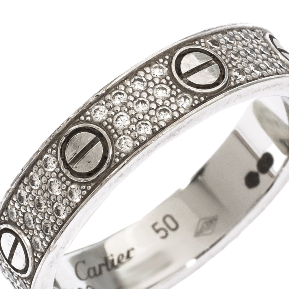 Original Cartier Love Diamond Paved 18k White Gold Wedding Band Ring Size 50