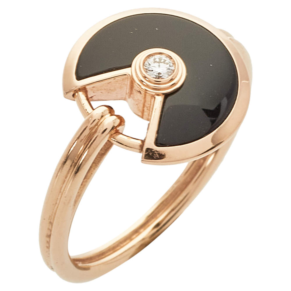 Original Cartier Amulette de Cartier Diamond Onyx 18K Rose Gold Ring Size 50