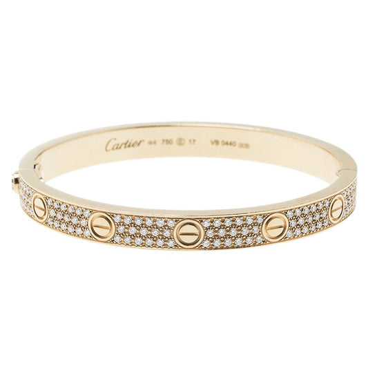 Original Cartier Love Diamond Paved Yellow Gold Bracelet Size 17