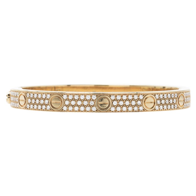 Original Cartier Love Diamond Paved Yellow Gold Bracelet Size 17