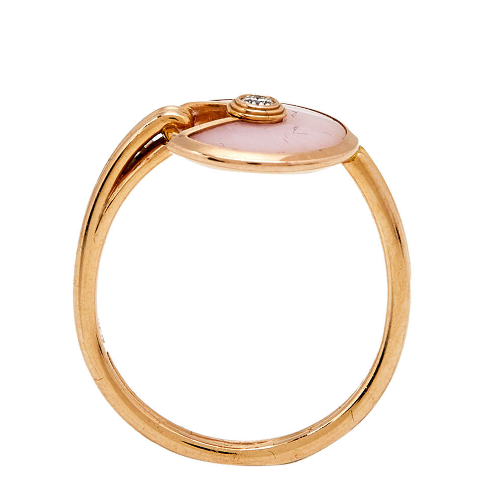 Original Cartier Amulette de Cartier Pink Opal Diamond 18K Rose Gold Ring Size 53