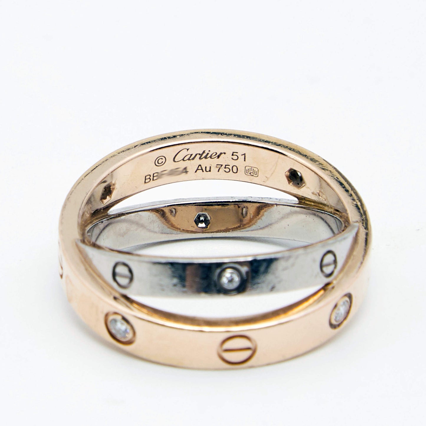 Original Cartier Love Diamond 18k Two Tone Double Band Ring Size 51