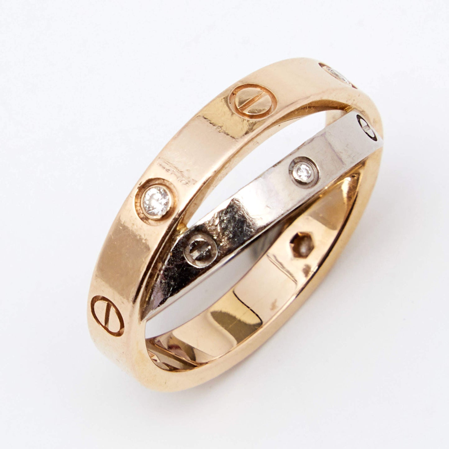 Original Cartier Love Diamond 18k Two Tone Double Band Ring Size 51