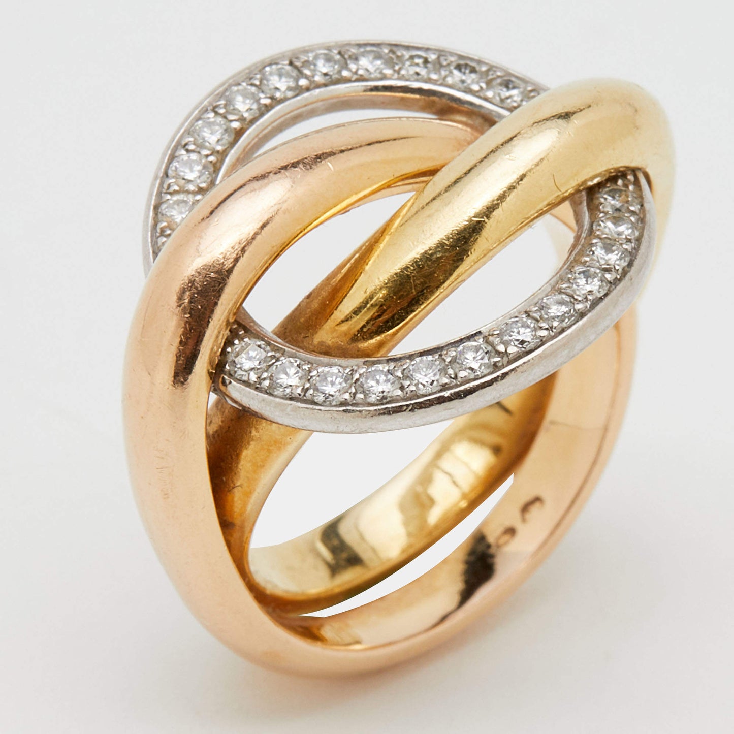 Original Cartier Trinity Crash Diamond 18k Three Tone Gold Ring Size 51