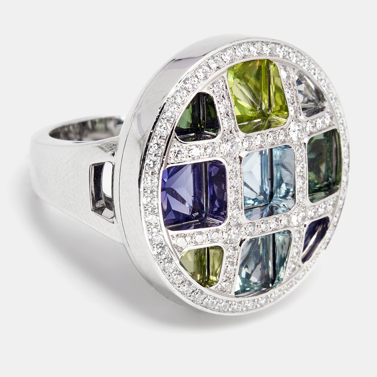 Original Cartier Pasha de Cartier Multi Gemstone 18k White Gold Cocktail Ring Size 53