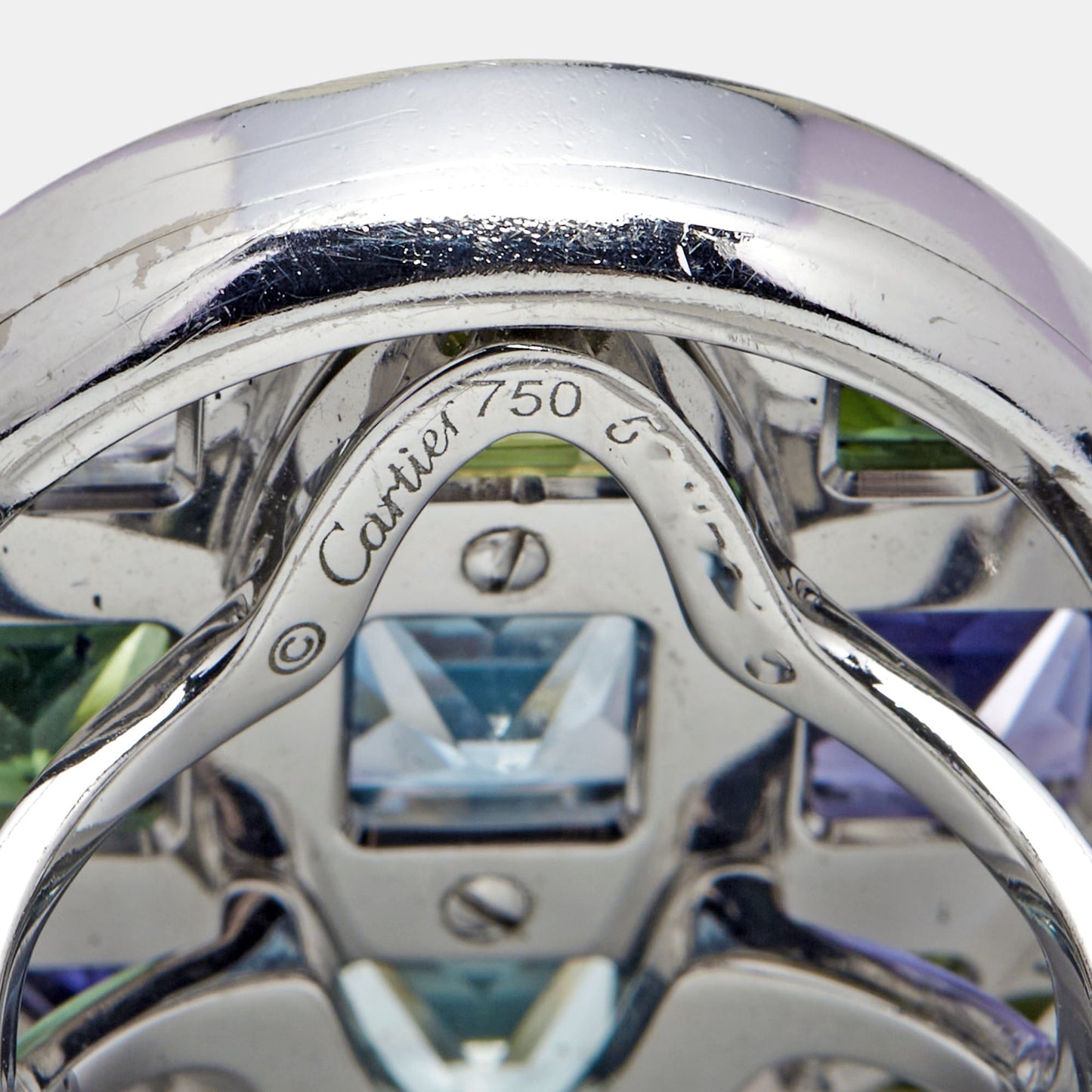 Original Cartier Pasha de Cartier Multi Gemstone 18k White Gold Cocktail Ring Size 53