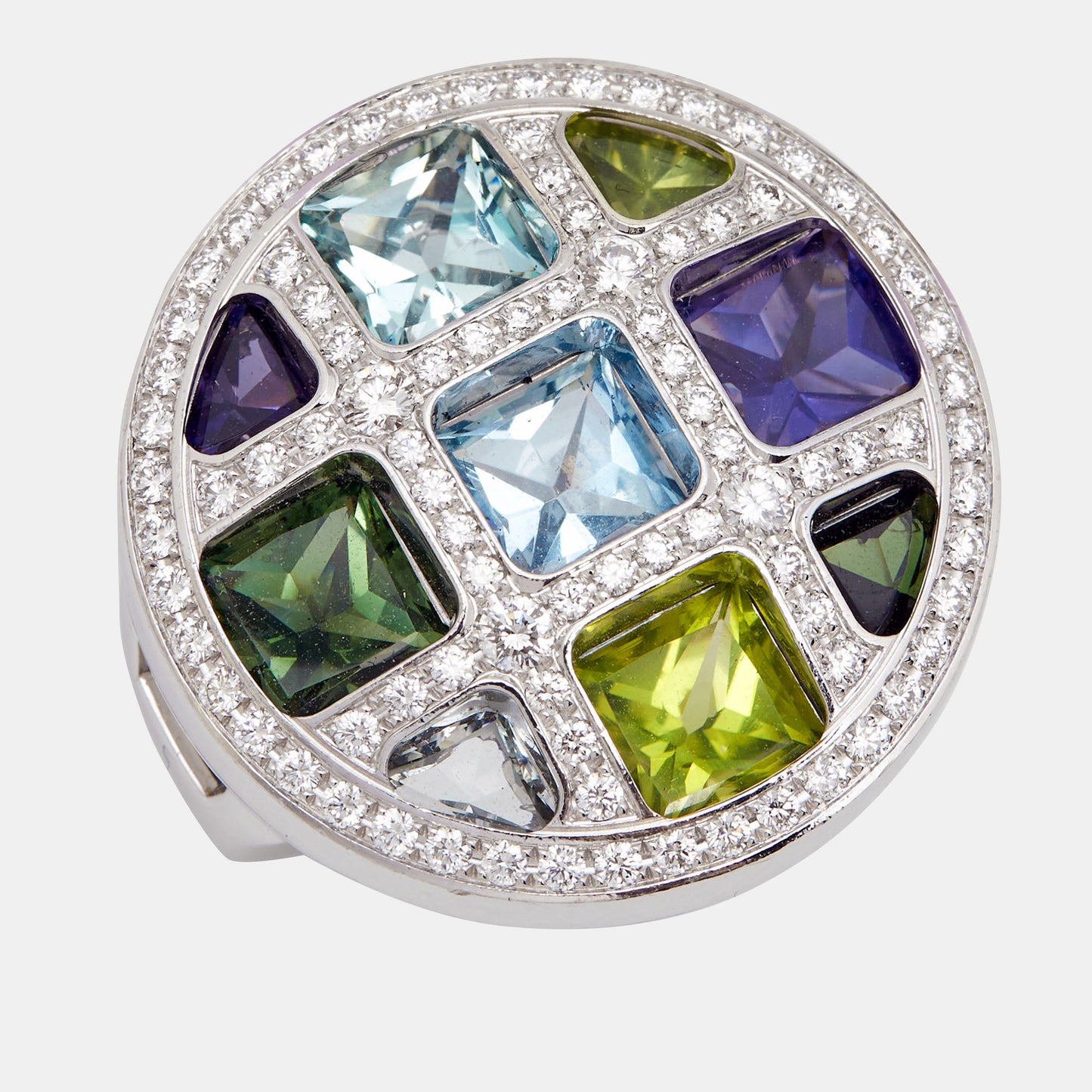 Original Cartier Pasha de Cartier Multi Gemstone 18k White Gold Cocktail Ring Size 53