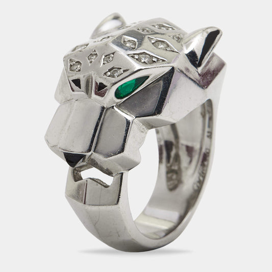 Original Cartier Panthere de Cartier Multi Gemstone Lacquer 18k White Gold Ring Size 53