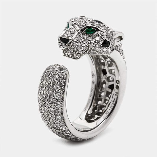 Original Cartier Panthere De Cartier Diamond Onyx Emerald 18K White Gold Cocktail Ring Size 48