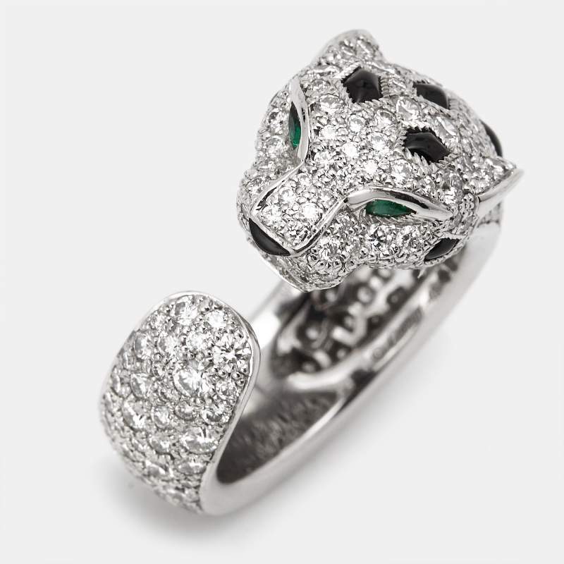 Original Cartier Panthere De Cartier Diamond Onyx Emerald 18K White Gold Cocktail Ring Size 48