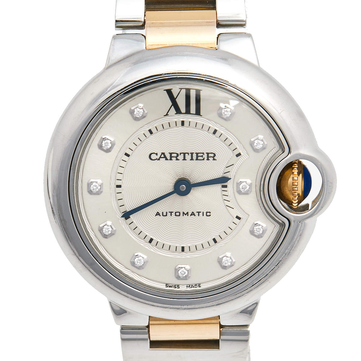 Original Cartier Silver 18k Rose Gold Stainless Steel Diamond Ballon Bleu 3489 Women's Wristwatch 33 mm