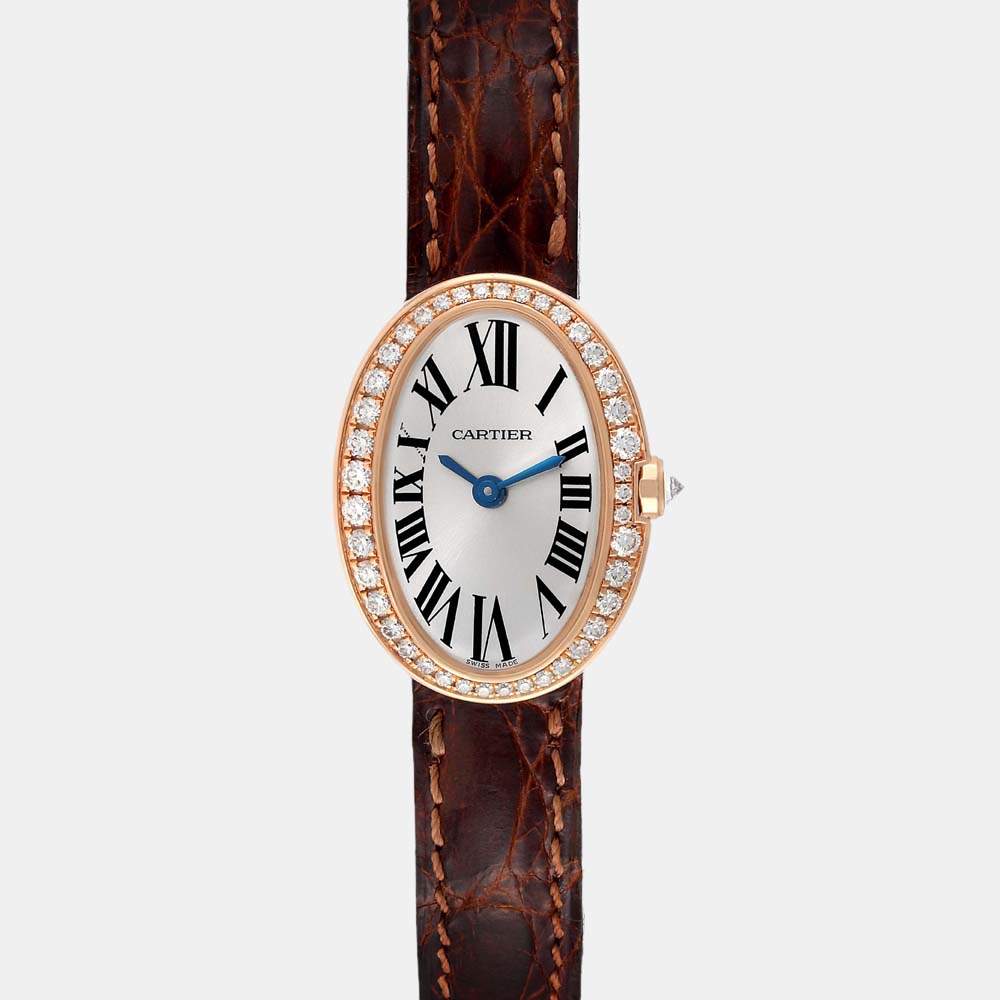 Original Cartier Silver Diamonds 18K Rose Gold Baignoire WB520028 Women's Wristwatch 20 mm