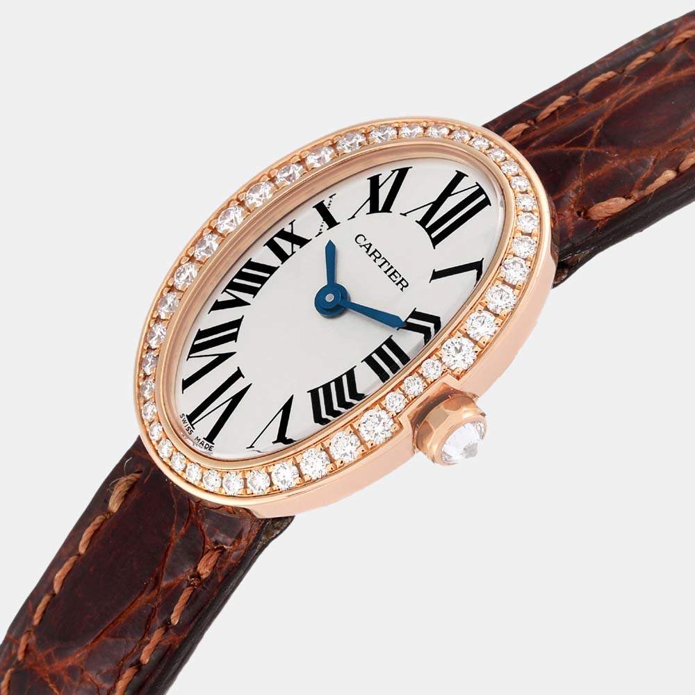 Original Cartier Silver Diamonds 18K Rose Gold Baignoire WB520028 Women's Wristwatch 20 mm