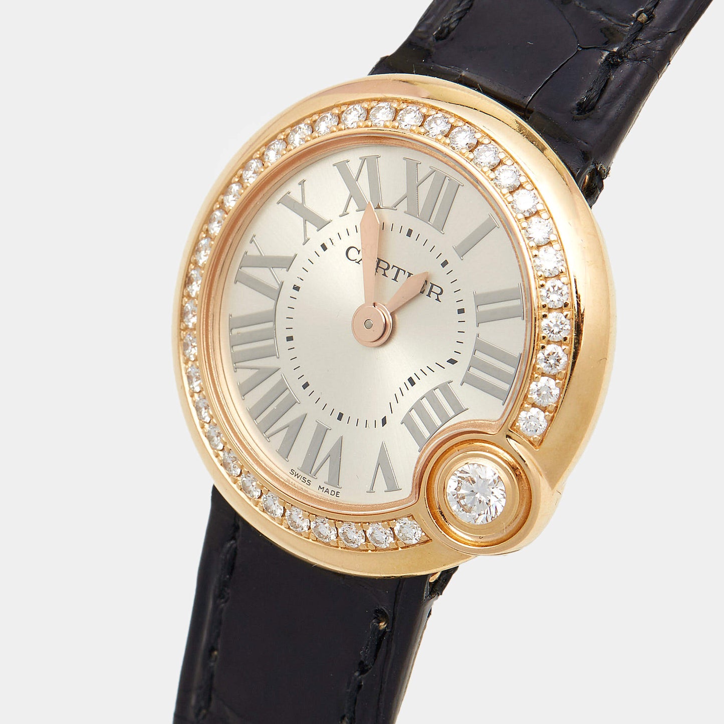 Original Cartier Silver 18K Rose Gold Alligator Leather Diamond Ballon Blanc WJBL0004 Women's Wristwatch 26.10 mm