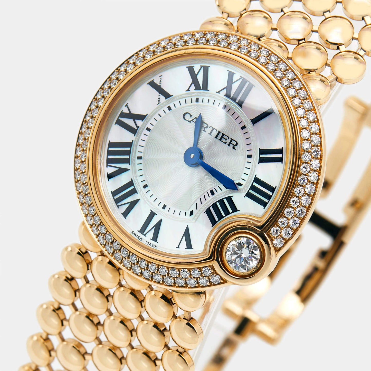 Original Cartier Mother of Pearl 18K Rose Gold Diamonds Ballon Blanc de Cartier 3722 Women's Wristwatch 30 mm