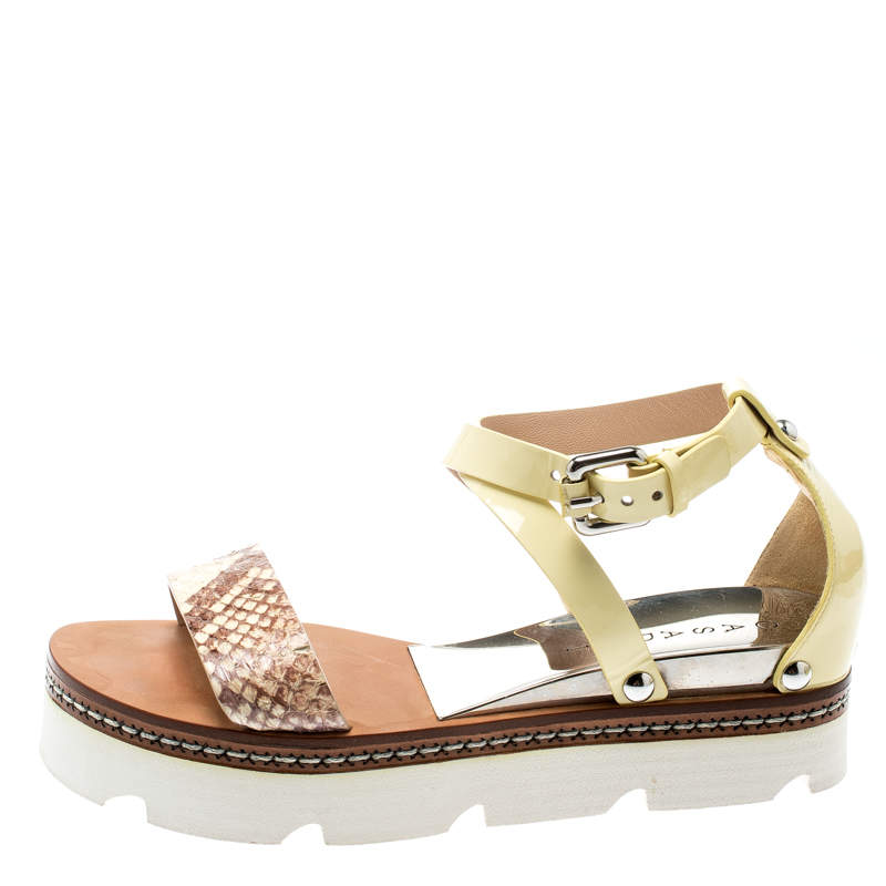 Original Casadei Yellow Patent Leather And Two Tone Python Embossed Leather Cross Strap Platform Sandals Size 37