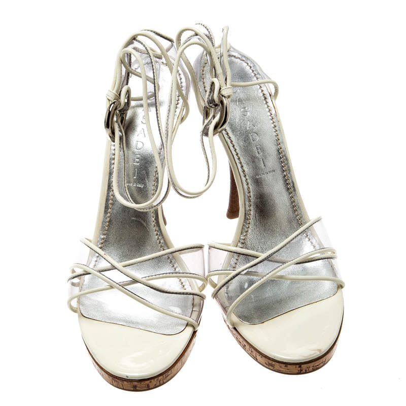 Original Casadei White Leather And PVC Cross Strap Sandals Size 39