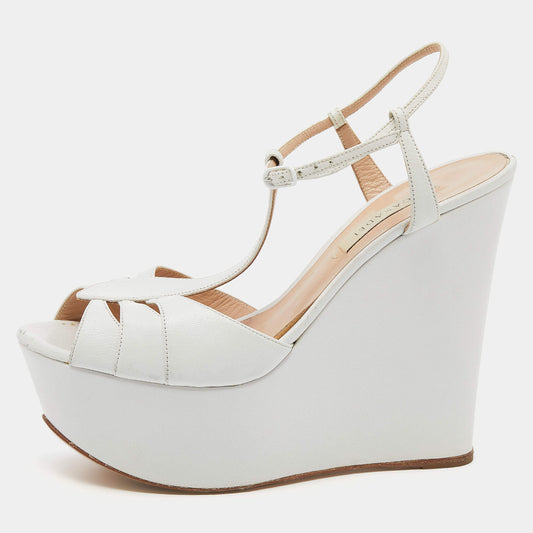 Original Casadei White Leather Wedge Platform T-Strap Sandals Size 38