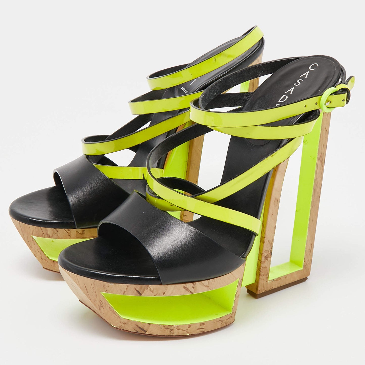 Original Casadei Black/Neon Yellow Leather and Patent Cork Wedge Platform Strappy Sandals Size 38