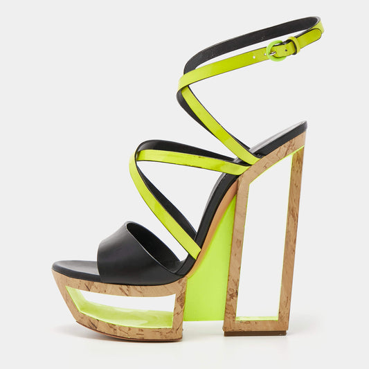 Original Casadei Black/Neon Yellow Leather and Patent Cork Wedge Platform Strappy Sandals Size 38