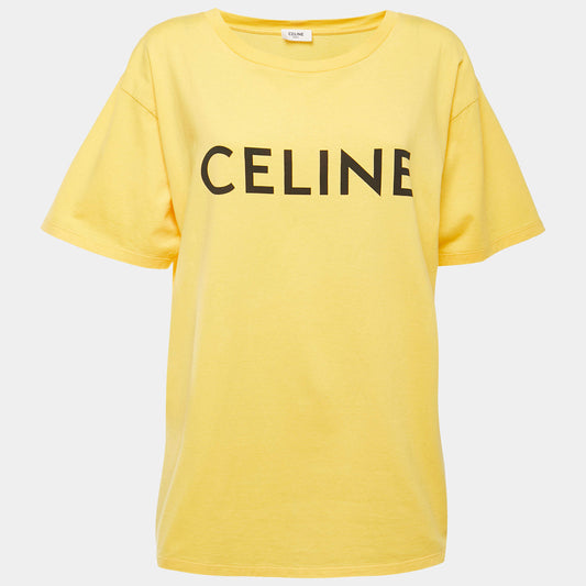 Original Celine Yellow Logo Printed Cotton Knit Oversized T-Shirt L