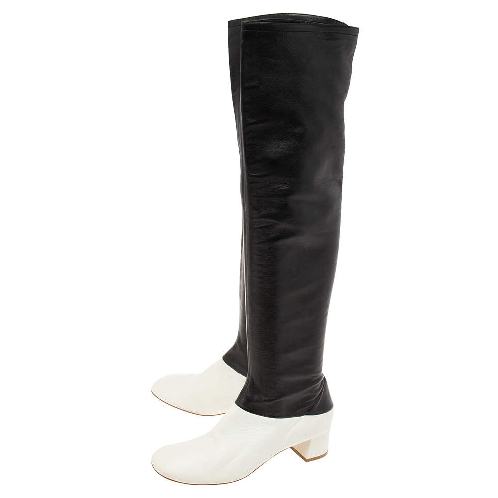 Original Celine White/Black Leather Knee Length Boots Size 39