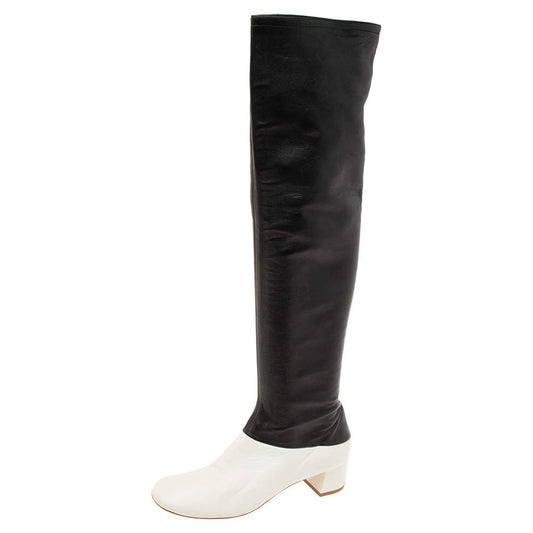 Original Celine White/Black Leather Knee Length Boots Size 39