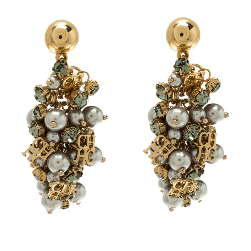 Original Carolina Herrera Faux Pearl & Crystal Cluster Gold Tone Dangle Earrings