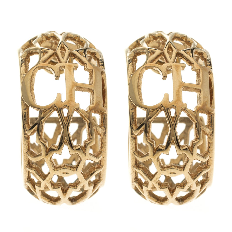 Original Carolina Herrera CH Open Cut Work Gold Tone Hoop Earrings