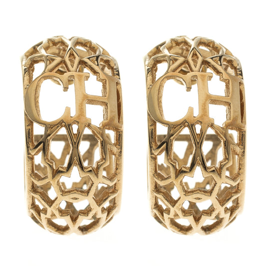 Original Carolina Herrera CH Open Cut Work Gold Tone Hoop Earrings